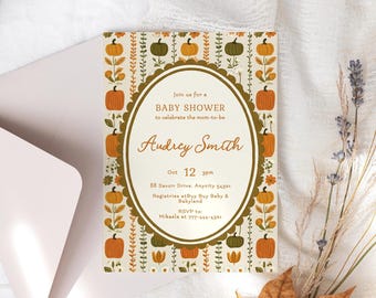 Grandmillennial Autumn Baby Shower Invitation Editable Template, Little Pumpkin Baby Shower Invite, Fall Baby Shower Instant Download