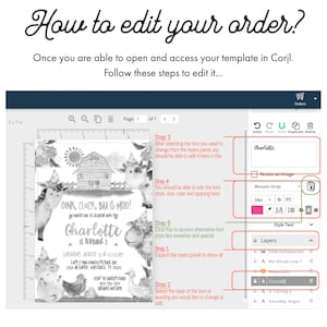 May include: A screenshot of a computer screen showing a digital invitation template for a child's birthday party. The template features a black and white illustration of farm animals and the text "OINK, CLUCK, BAA & MOO!" and "Charlotte is turning 3". The screen also shows the editing tools available in the online design program, including options to change the text, font, size, color, and spacing.