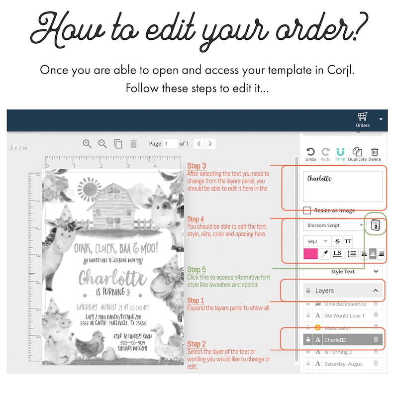 May include: A screenshot of a computer screen showing a digital invitation template for a child's birthday party. The template features a black and white illustration of farm animals and the text "OINK, CLUCK, BAA & MOO!" and "Charlotte is turning 3". The screen also shows the editing tools available in the online design program, including options to change the text, font, size, color, and spacing.