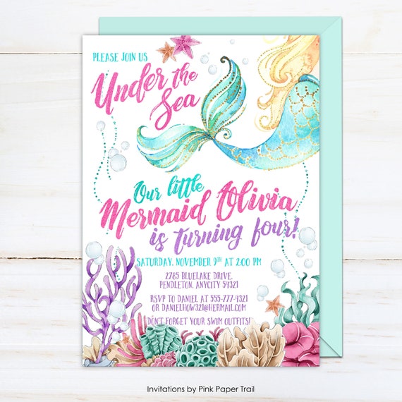 Mermaid Birthday Invitation, Glitter Mermaid Invite, Under the Sea Party Mermaid Invite, Personalized Printable Digital Invitation Il_570xn