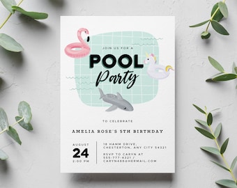 May include: Pool party invitation with a flamingo, shark, and unicorn floaties. The invitation includes the text "Pool Party" and details for Amelia Rose's 5th birthday, including the date, time, and location.