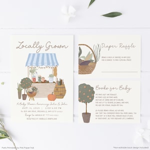 EDITABLE Farmers Market Baby Shower Template Locally Grown Couples Boy Baby Shower Invitation Suite with Diaper Raffle and Books for Baby