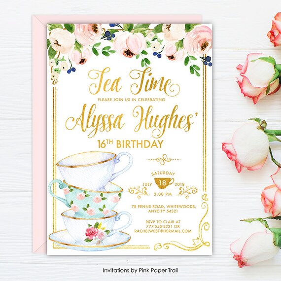 Birthday Tea Party Invitation, Floral Blush Pink and Gold High Tea Party Any Age Girl Birthday Party Printable Invite Il_570xn
