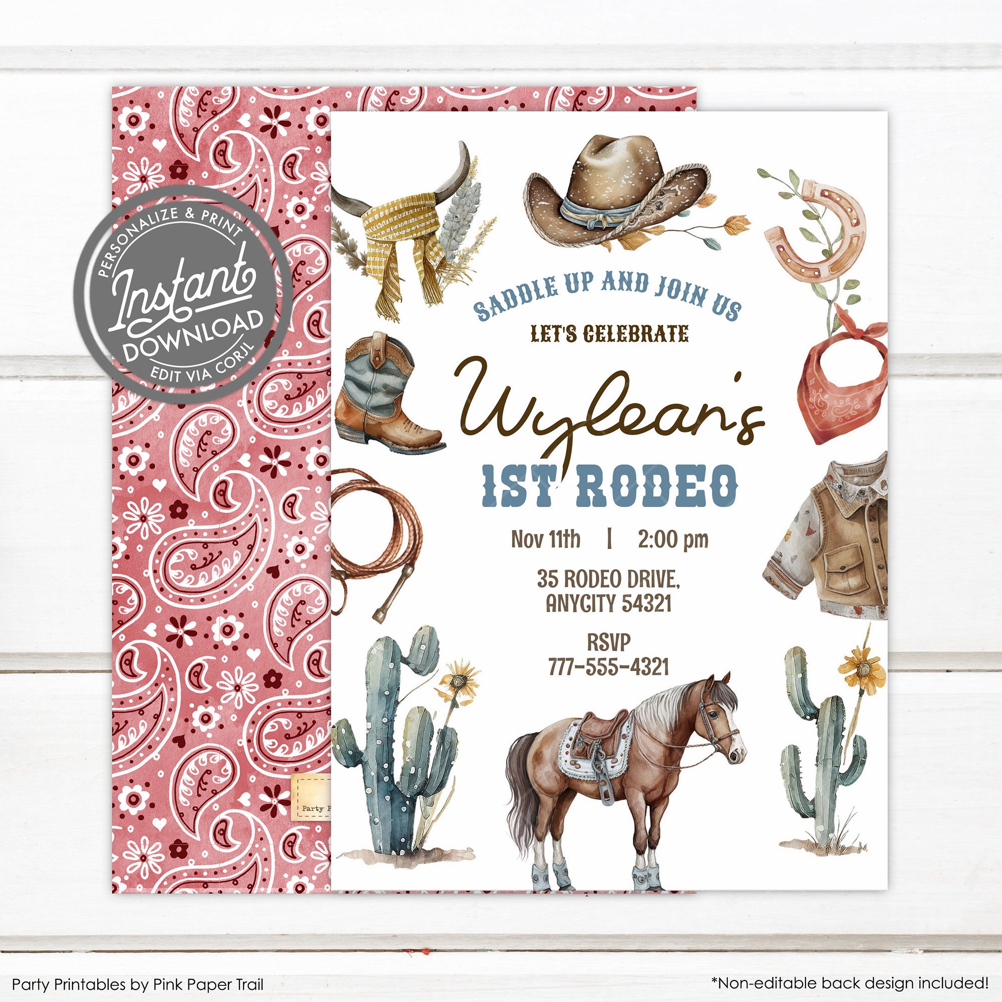 Editable First Rodeo Invitation Cowboy Birthday Invite Wild West ...