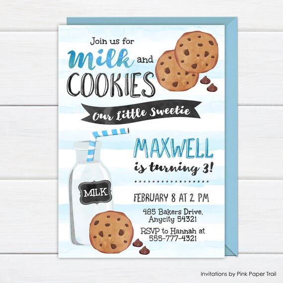 Milk and Cookies Birthday Invitation, Cookies and Milk, Boys Milk & Cookies Birthday Blue Personalized Printable Invitation Il_570xn