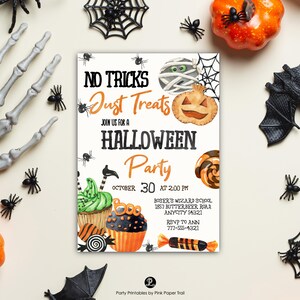 Editable Kids Halloween Party Invitation, No Tricks Just Treats Invite, Printable Halloween Party Template, Instant Download Corjl