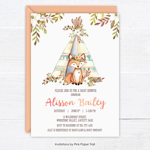 Woodland Baby Shower Invitation, Girl Woodland Fox Rustic Boho Teepee Flowers Baby Shower Invite, Personalized Printable Fox Invitation Il_570xn