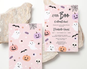May include: Pink Halloween-themed baby shower invitations with ghosts, pumpkins, bats, spiders, and candy. The text reads "A little Boo is almost due!" with event details. The invitations are decorated with a variety of Halloween-themed graphics.