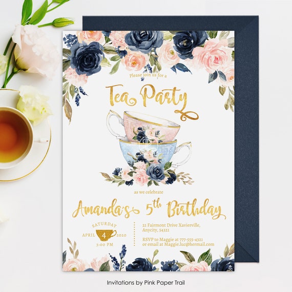 Tea Party Invitation, Tea Party Birthday Invitation, Floral High Tea Party, Floral Pink Navy and Gold Tea Party Any Age Printable Invite Il_570xn