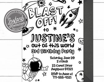 EDITABLE Space Birthday Party Invitation, Black and White Space Party, Space Ship Astronaut Rocket Ship Birthday Printable Invitation