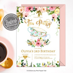 EDITABLE Tea Party Invitation, Tea Party Birthday Invite, Floral High Tea Party, Floral and Gold Tea Party Template Any Age Printable Invite