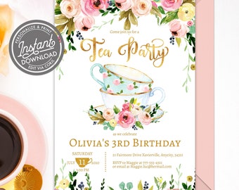 EDITABLE Tea Party Invitation, Tea Party Birthday Invite, Floral High Tea Party, Floral and Gold Tea Party Template Any Age Printable Invite