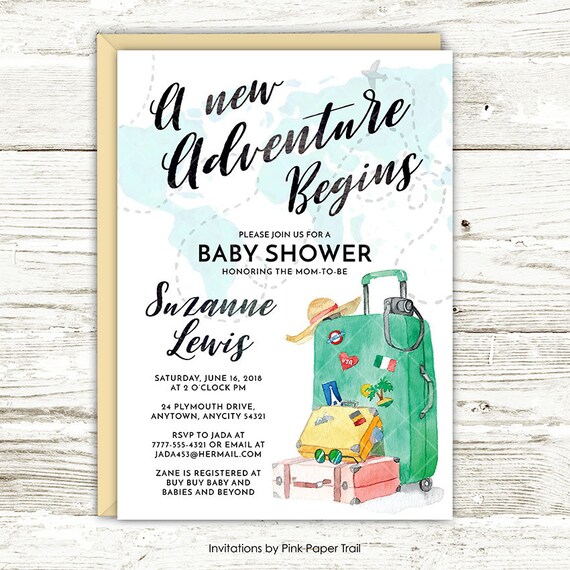 Travel Themed Wanderlust Luggage Traveler, A New Adventure Begins Baby Shower Invite, Printable Invite Shower Party Invitation Il_570xn