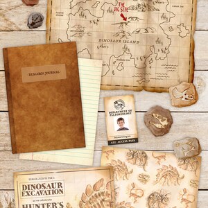 May include: A collection of dinosaur-themed party supplies, including a map of Dinosaur Island, a research journal, an all-access pass, and invitations. The design features a vintage aesthetic with illustrations of dinosaur fossils and a wooden background.
