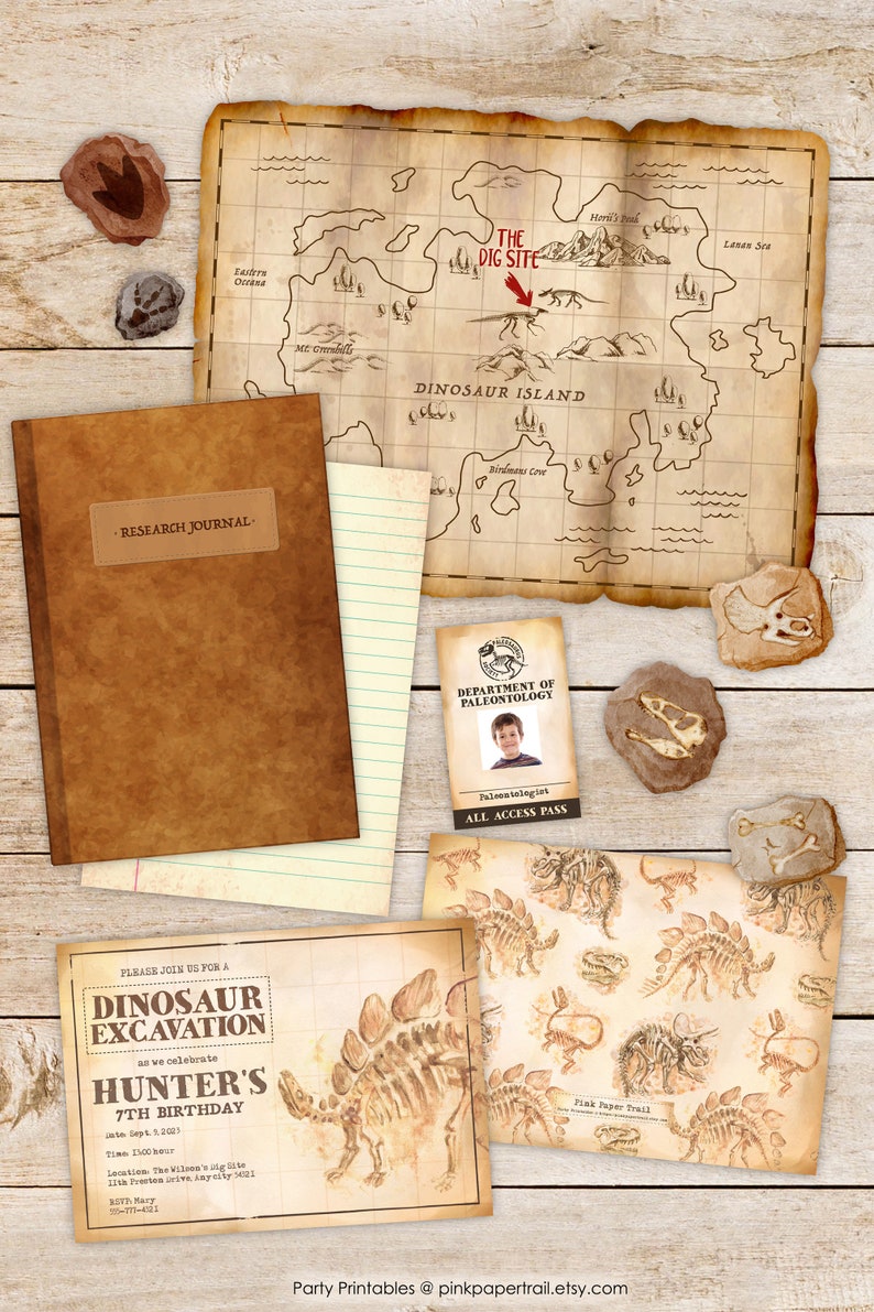 May include: A collection of dinosaur-themed party supplies, including a map of Dinosaur Island, a research journal, an all-access pass, and invitations. The design features a vintage aesthetic with illustrations of dinosaur fossils and a wooden background.