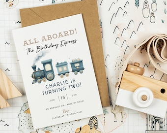 Editable Train Birthday Invitation, Cute Train Steam Engine Locomotive Birthday Invite, All Aboard Train Express Invitation Template