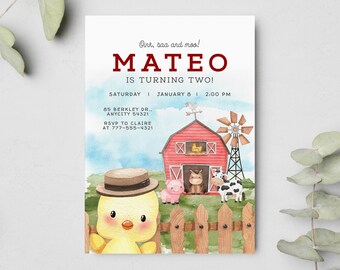 Editable Farm Little Chick Theme Party Birthday Invitation Template, Cute Farm Animals Invite, Red Barn Ranch Barnyard Kids Birthday Invite