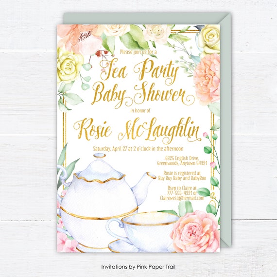 Tea Party Baby Shower Invitation, Lovely Peach Florals and Gold Tea Girl Baby Shower Invitation, Floral High Tea Personalized Printable Il_570xn