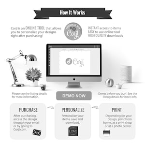 May include: An informational graphic titled "How It Works" explains the process of using Corjl, an online design tool. The steps include purchasing, personalizing, and printing designs. The image includes a computer, desk lamp, and decorative items.