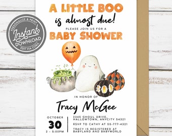 EDITABLE Halloween Baby Shower Invitation, A Little Boo is Almost Due Baby Shower Halloween Invite Instant Access Corjl Template