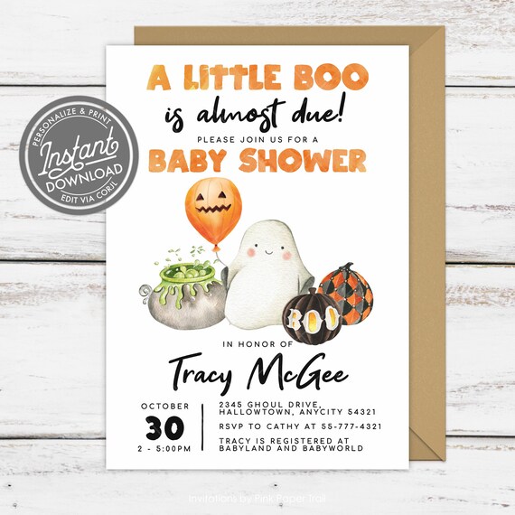 EDITABLE Halloween Baby Shower Invitation, A Little Boo is Almost Due Baby Shower Halloween