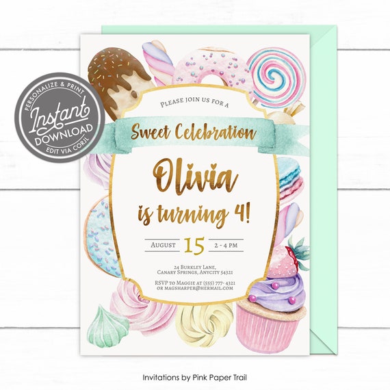 EDITABLE Sweets Birthday Party Invitation Pastels and Gold Donut Candies Dessert Sweet Birthday Instant Access Download Invitation Il_570xn