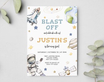 May include: A blue and yellow space-themed birthday invitation with a rocket, astronaut, planets, and stars. The text reads "Blast Off and celebrate with us! Justin's is turning five!"  Saturday, October 19 at 3pm. 1867 Jupiter Drive, Galaxy Town, Any City 54321. RSVP to Kailey at 555-777-4321.