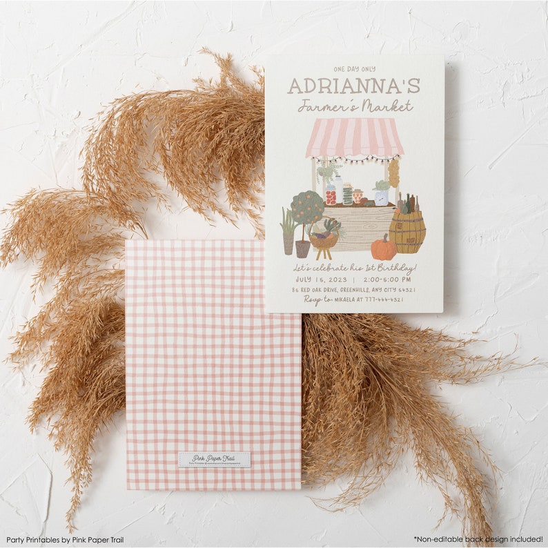 May include: A pink and white gingham patterned invitation with the text "Pink Paper Trail" in the bottom right corner. The invitation is for a child's birthday party with the text "Adrianna's Farmer's Market" and a cartoon illustration of a farmer's market stand with produce and a pumpkin.