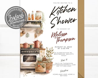 A Cozy Cottage Kitchen Bridal Shower Invitation Template Printable Download, An Editable Rustic Cottage Kitchen Invite v.2