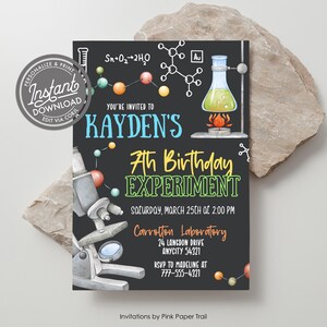 May include: A science-themed birthday invitation with the text "Kayden's 7th Birthday Experiment." The design features a microscope, chemical diagrams, and a flask over a flame, all set against a dark background. Includes the text "Instant Download."