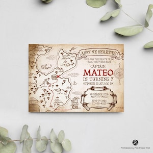 May include: A pirate-themed invitation with a vintage map design. The invitation includes the text "Ahoy Me Hearties" and details for a birthday party, including the name "Mateo" and the date and time.