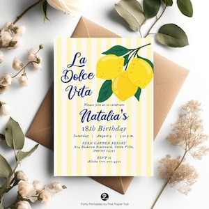 La Dolce Vita Birthday Party Invite, Lemon Citrus Birthday Invitation Template, Italian Summer Celebration Evite, Digital Download