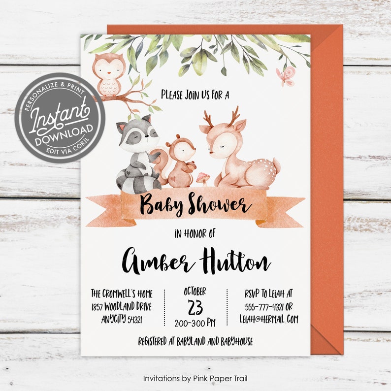 EDITABLE Woodland Baby Shower Invitation Cute Woodland Etsy