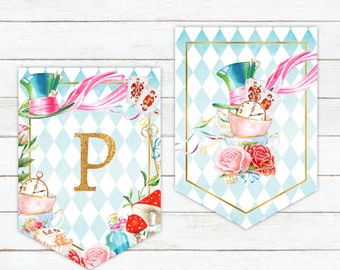 Editable Alice in Wonderland Mad Hatter Tea Party Happy Birthday Banner, Alice in Onederland Bunting Pennant Instant Access Template