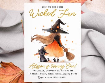 Cute Witch Birthday Invitation Wicked Fun Halloween Girl Birthday Invite Template, Halloween Birthday Invitation Editable Instant Download