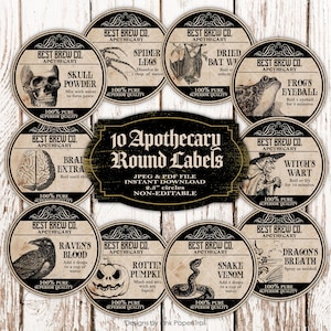 Halloween Apothecary Round Labels, Magical Potion Labels, Halloween Witches Brew Ingredient Labels Tags - Instant NON Editable PDF Download