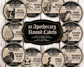 Halloween Apothecary Round Labels, Magical Potion Labels, Halloween Witches Brew Ingredient Labels Tags - Instant NON Editable PDF Download