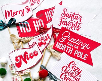 Christmas Pennant Flag Printable, Set of 6 Designs, Holiday Season Basket Flag Banner Pennant Photo Prop, Christmas Party Decor Colors v.1