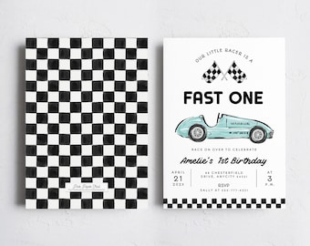 Fast One Race Car First Birthday Invite, Race Car Birthday Invitation Template, Vintage Retro Car Racing Printable Template Instant Access