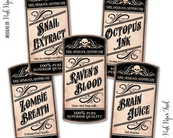 Apothecary Labels, Halloween Decor, Vintage Apothecary, Potion Labels, 1.5x3 inches size, Instant Download, Print Your Own