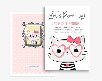 Kitty Cat Invitation Template Cute Girl Cat Birthday Party Invitation, Kitty Cat Birthday Party Editable Corjl Template Instant Download