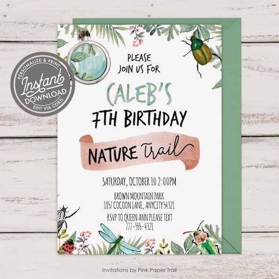 EDITABLE Nature Exploration Birthday Invitation, Nature Trail Bugs