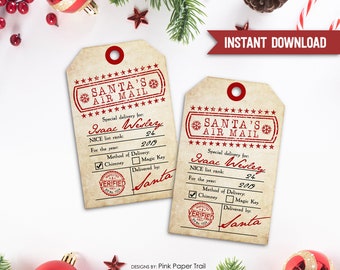 Santa Air Mail Holiday Gift Tag, Vintage Style Santas Checklist Naughty Nice Editable Tags, DIY Christmas Printable Instant Download v.2