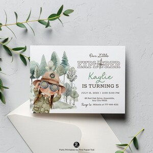 May include: A printable invitation for a 5-year-old's birthday party. The invitation features a cartoon illustration of a girl wearing a ranger hat and holding binoculars. The text reads "Our Little Explorer Kaylie is Turning 5" and includes the date, time, and location of the party.