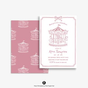 Editable Carousel Baby Shower Invitation, Hand Drawn Line Art Carousel Carnival Baby Shower Invite Template Toile Style Baby Shower Download