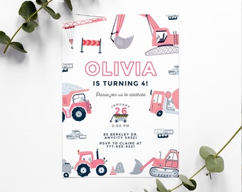 May include: A pink and white birthday invitation featuring construction vehicles and the text "OLIVIA IS TURNING 4!" The invitation includes the date, time, and location of the party, along with RSVP information.