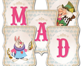 Alice in Wonderland Party Banner We Are All Mad Here, Alice in Wonderland Tea Party Bunting Banner Instant Download, Print Your Own