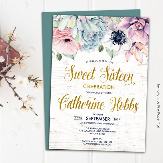Succulent Sweet Sixteen Quinceanara Invitation, Sweet Dainty Floral Boho Chic Rustic Succulent Protea Anemone Gold Printable Invitation Il_570xn