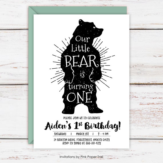 Rustic Woodland Bear Birthday Invitation, Rustic Black and White Little Bear Monochromatic Birthday Party, Personalized Printable Invitation Il_570xn