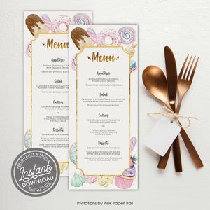 EDITABLE Sweets Pastels and Gold Donut Candies Dessert Themed Menu Card, Sweets Theme Any Occasion Instant Access Download Menu Card